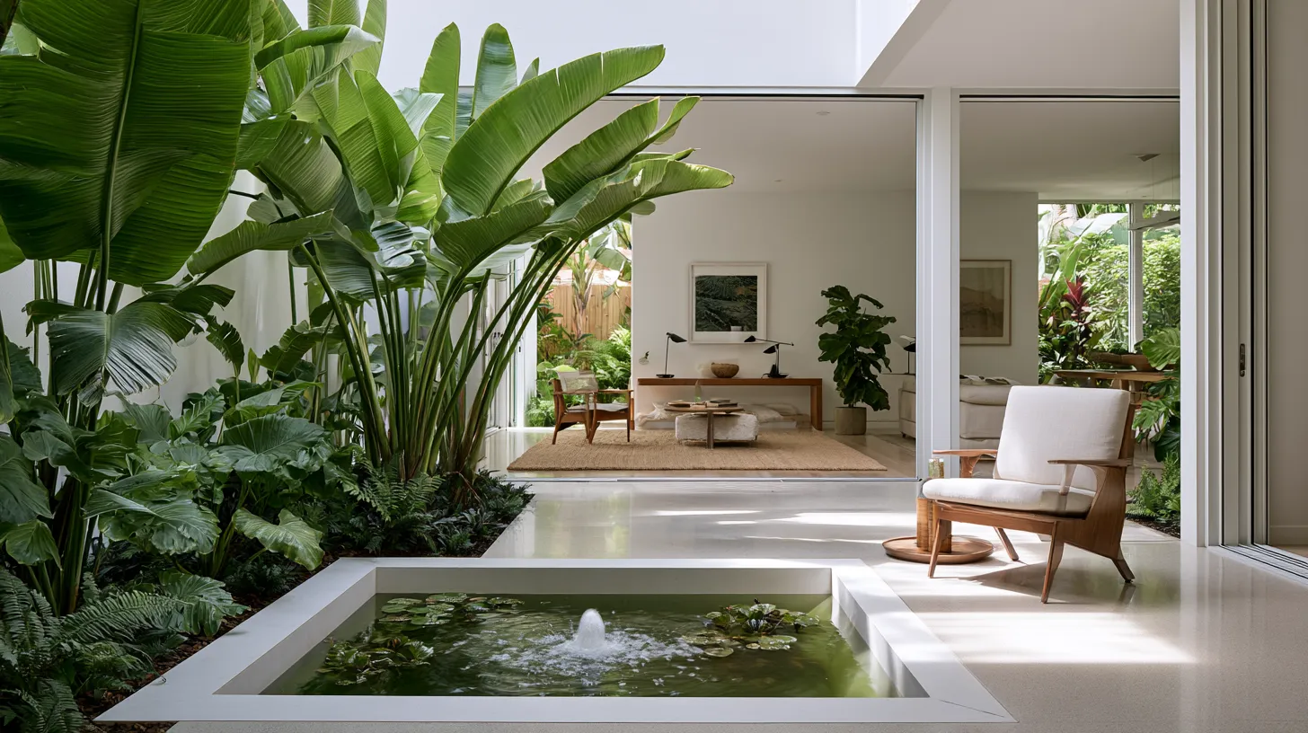 Residential courtyard outdoor space design with calm water feature and floor-to-ceiling glass interior walls