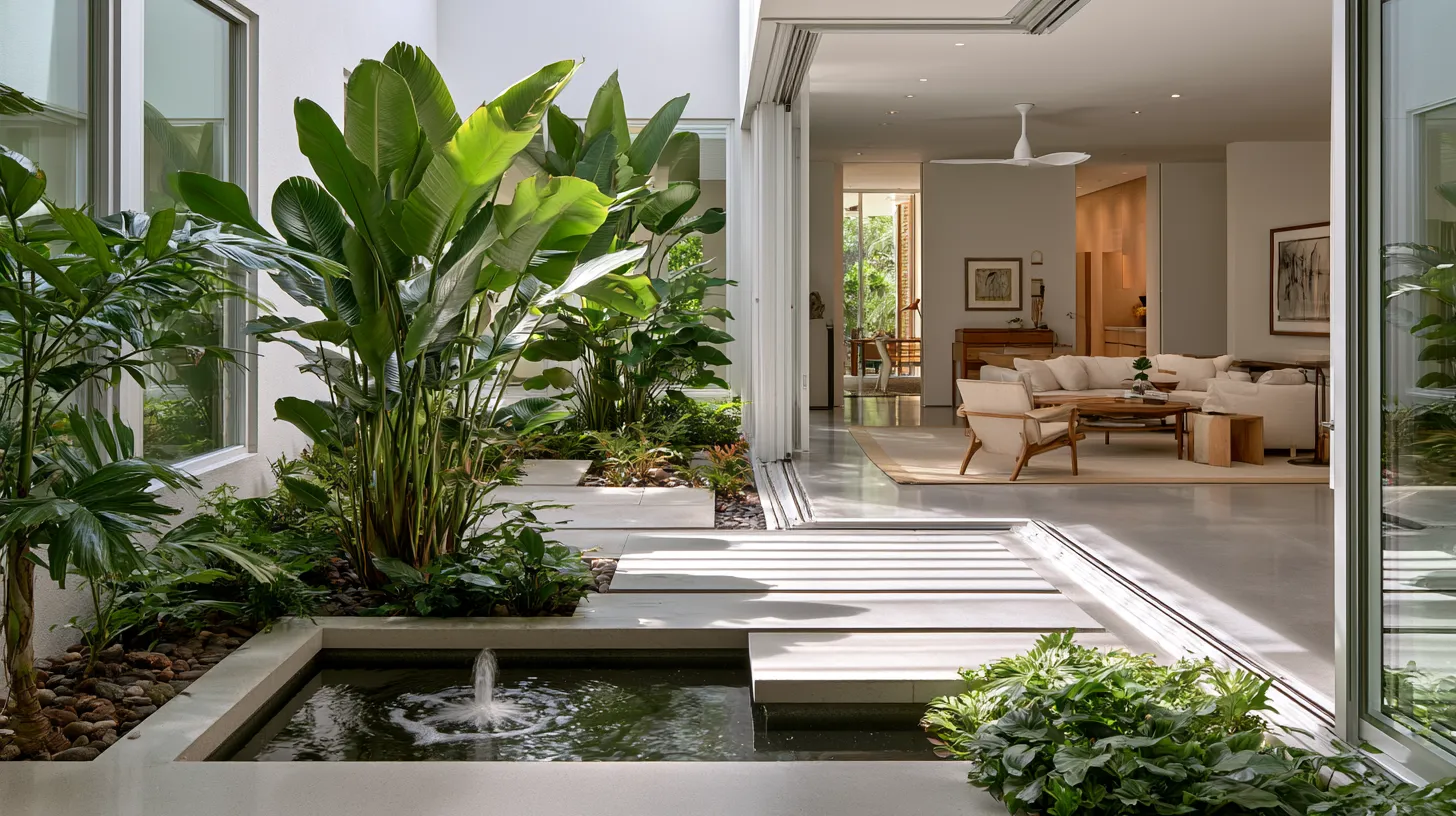 Modern interior courtyard design idea with water feature, concrete floors, and glass walls connecting indoor and outdoor spaces