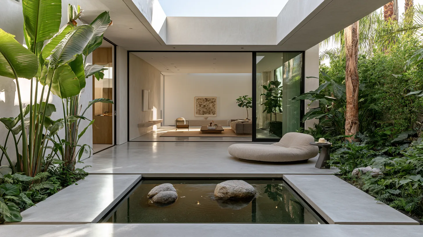 Private courtyard yard design inside a house with tropical plants and polished concrete patio flooring
