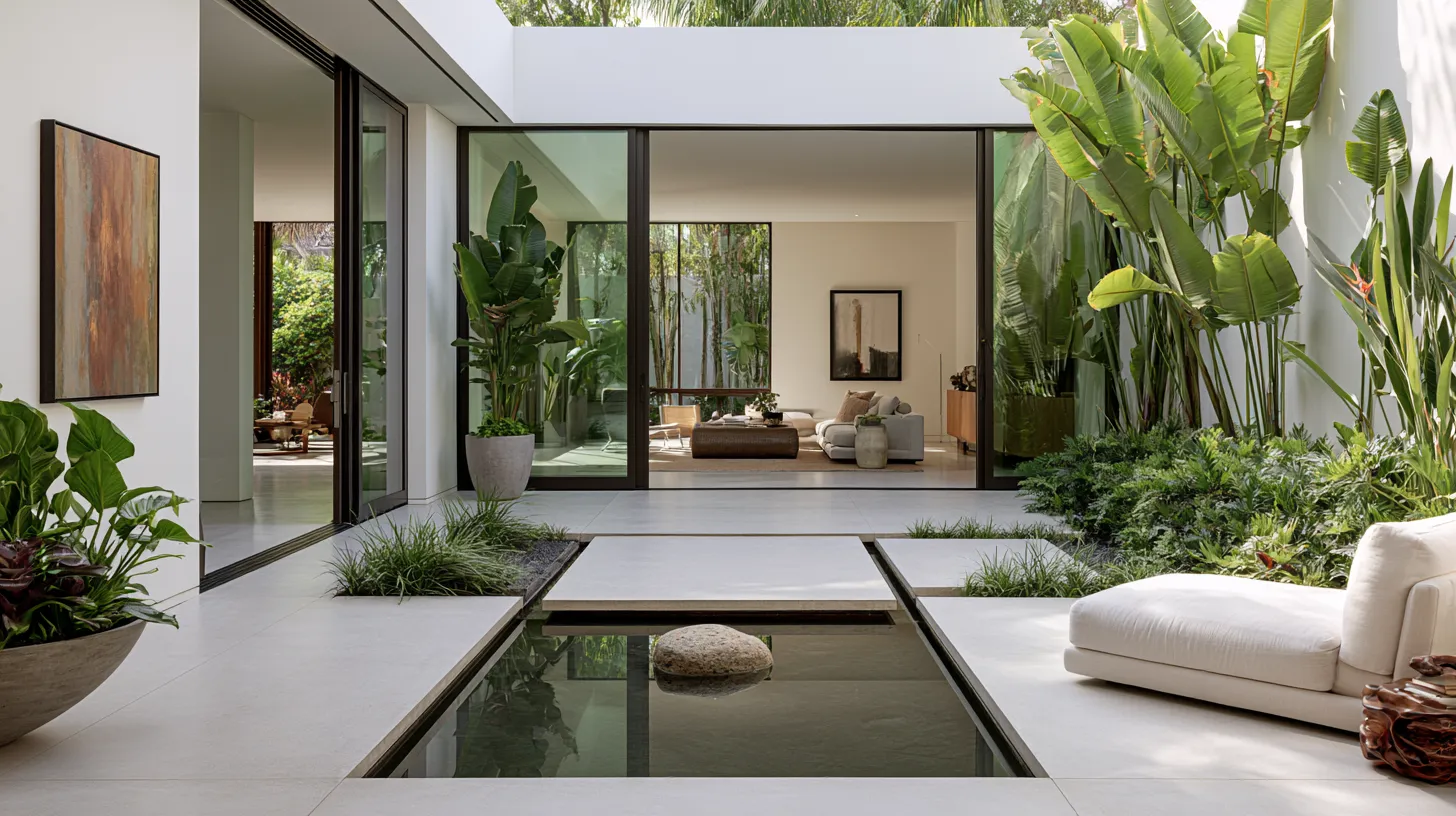 Enclosed courtyard patio ideas featuring a small atrium with lush plants and architectural glass facade