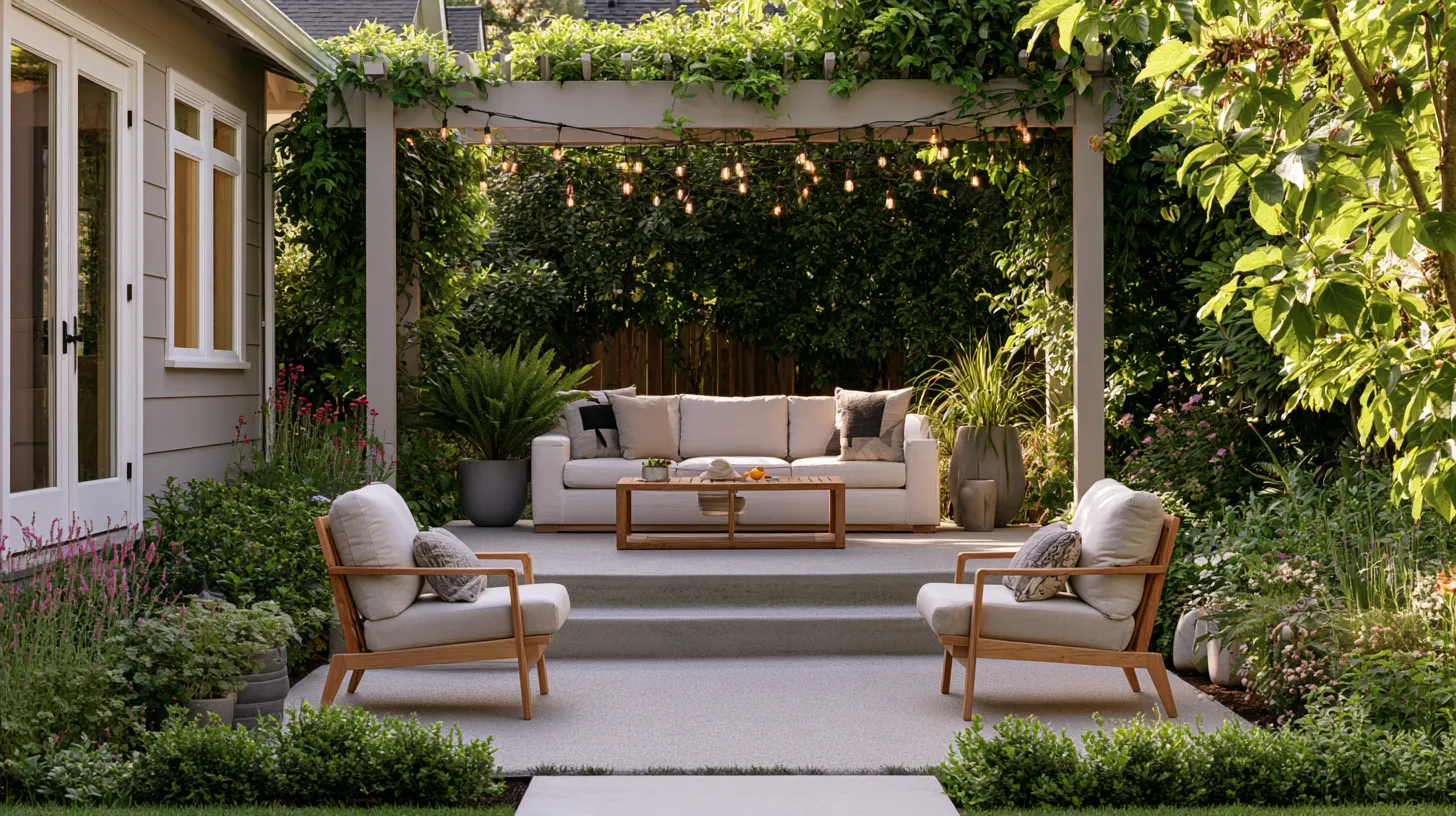 Layered patio and yard ideas with pergola, native plants, and concrete flooring in a residential backyard