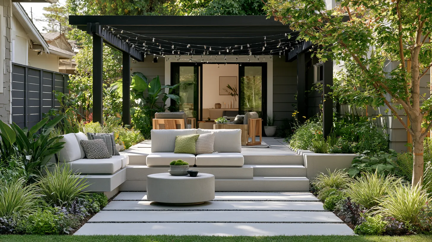 Modern backyard patio design showcasing outdoor living zones and lush garden borders