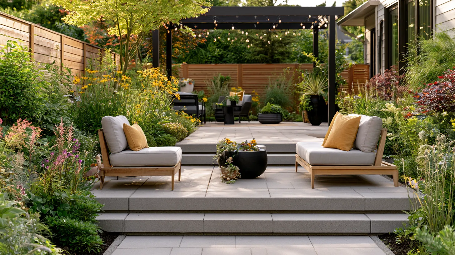 Creative yard and patio layout with seating zones, greenery, and architectural string lighting