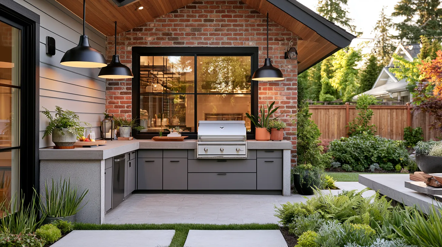 Backyard outdoor kitchen design built into a patio and yard space with pendant lighting and lush garden