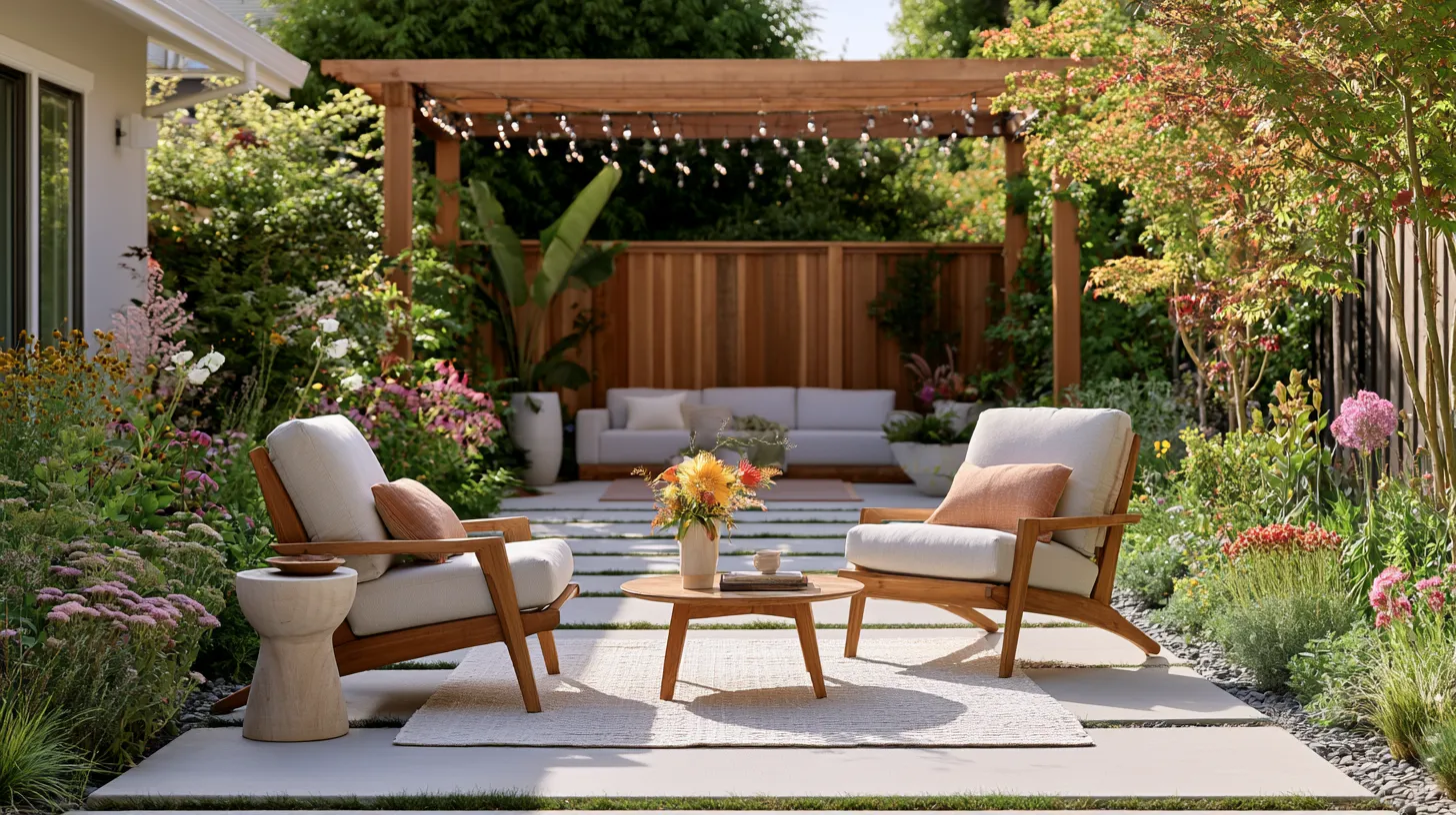 Outdoor patio yard transformation featuring pergola structure and native planting design