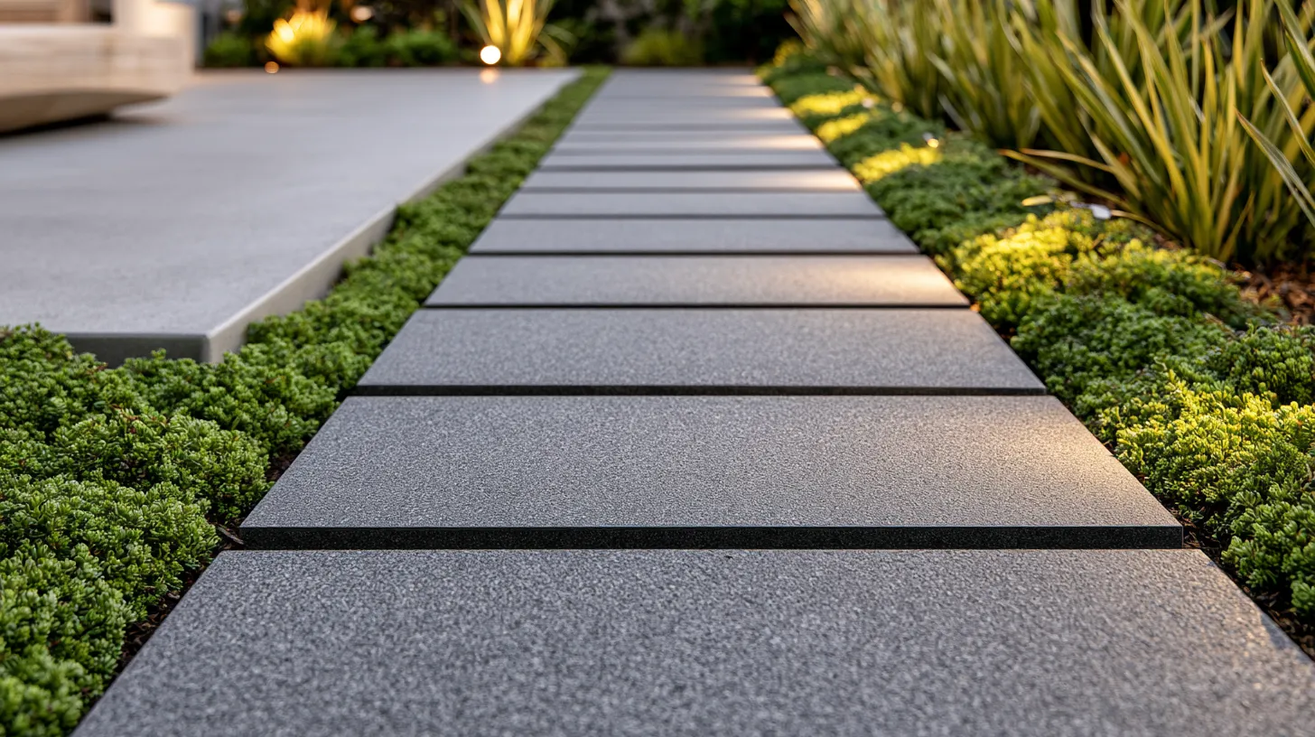 Patio flooring ideas featuring concrete slab and gray porcelain tile combination with ground cover plants