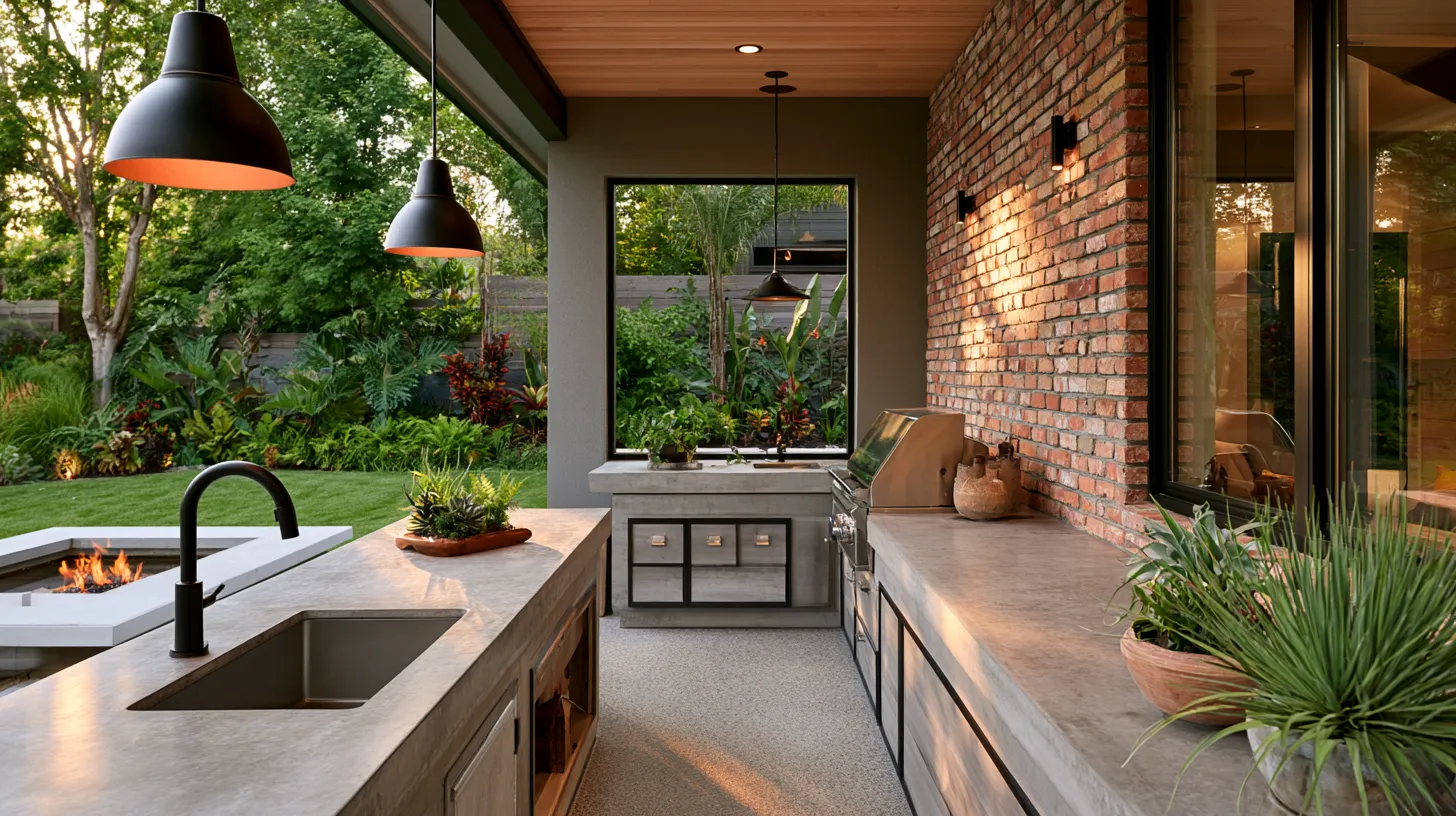 Summer kitchen ideas for patios featuring built-in BBQ grill and covered outdoor dining area