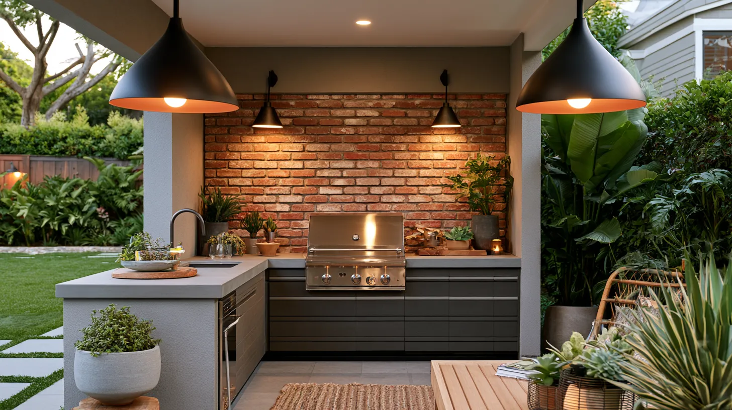 Modern patio kitchen yard design with stainless steel appliances and architectural concrete finishes