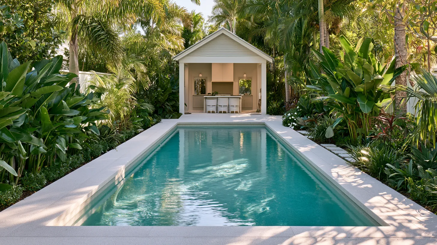 Modern pool area patio design with architectural concrete surround and covered entertainment space