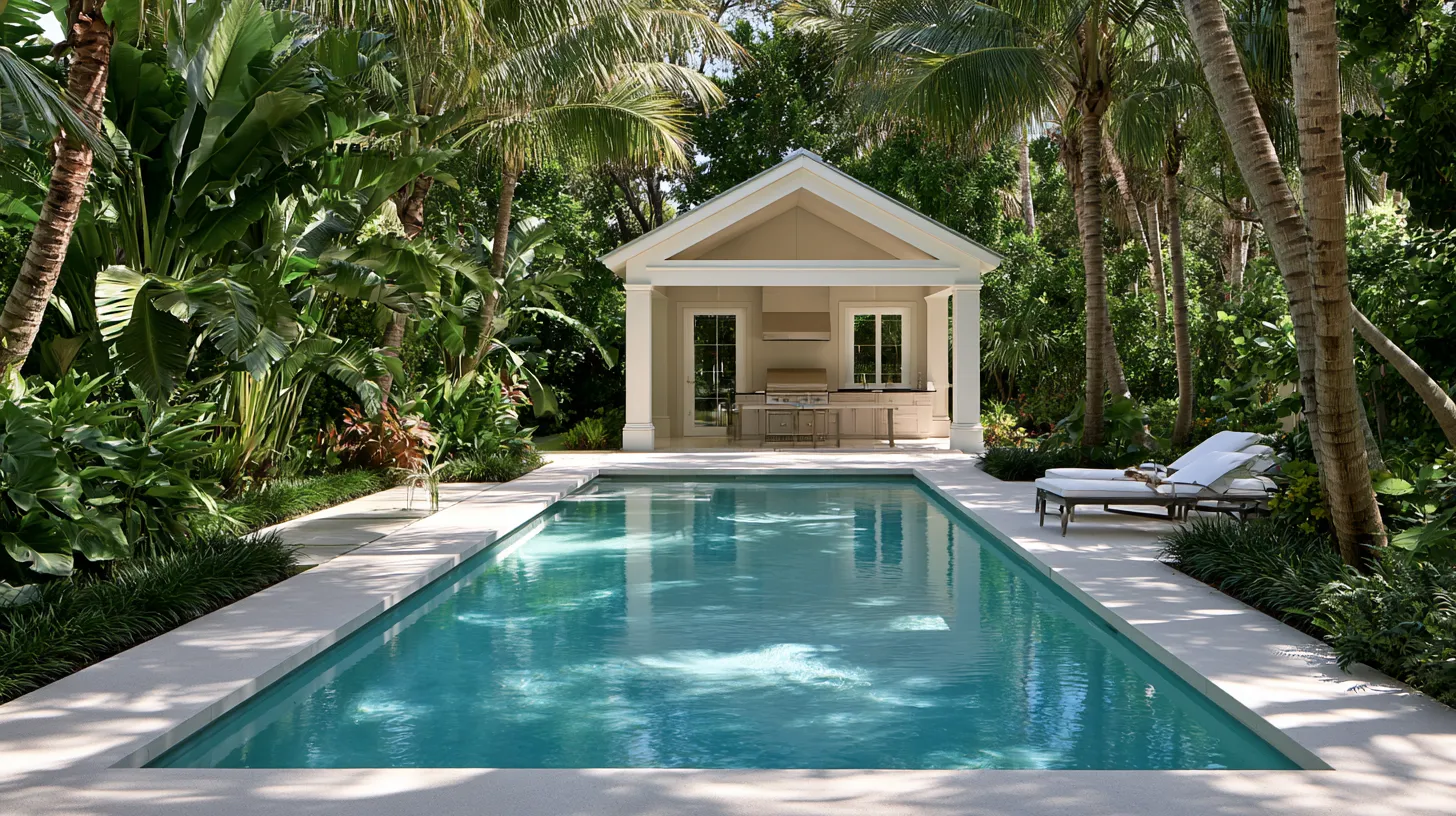 Outdoor yard and pool layout ideas with layered tropical planting and structured deck zones