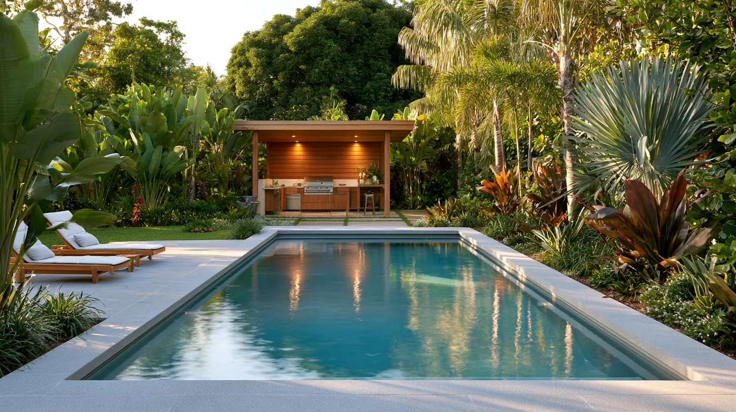 Backyard pool patio and yard design with concrete decking, tropical plants, and covered outdoor pavilion