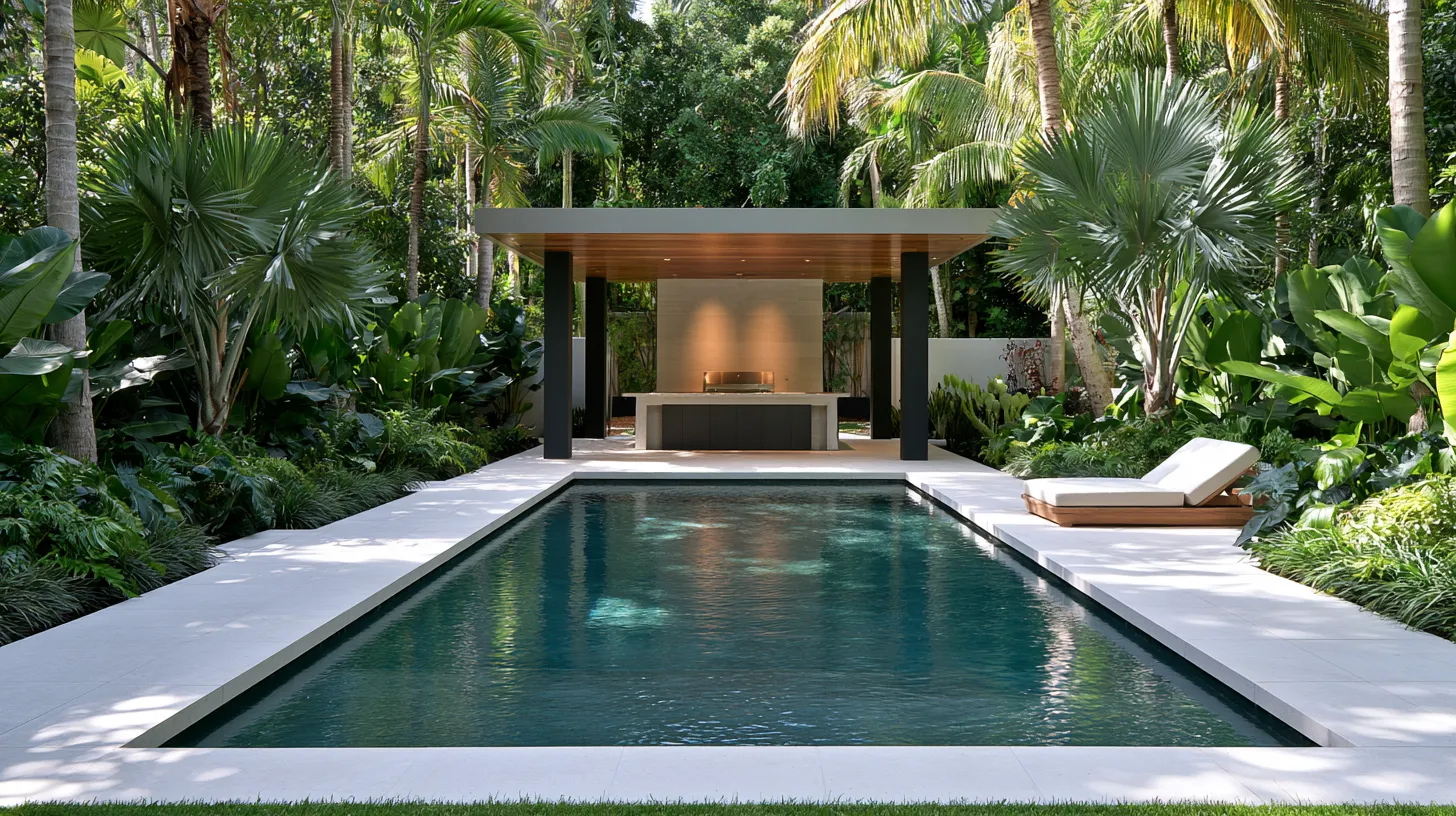 Residential pool yard ideas featuring lush landscaping, outdoor kitchen, and afternoon sun reflections