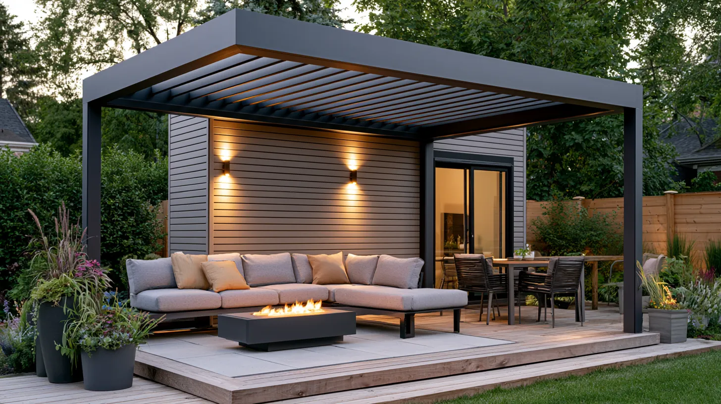 Yard pergola ideas for backyard living spaces with geometric shadows and lush surrounding greenery