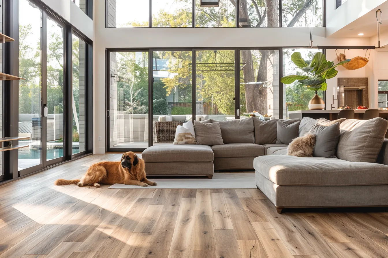 Pet-friendly home design with luxury vinyl plank flooring and a golden retriever lounging on a modern rug