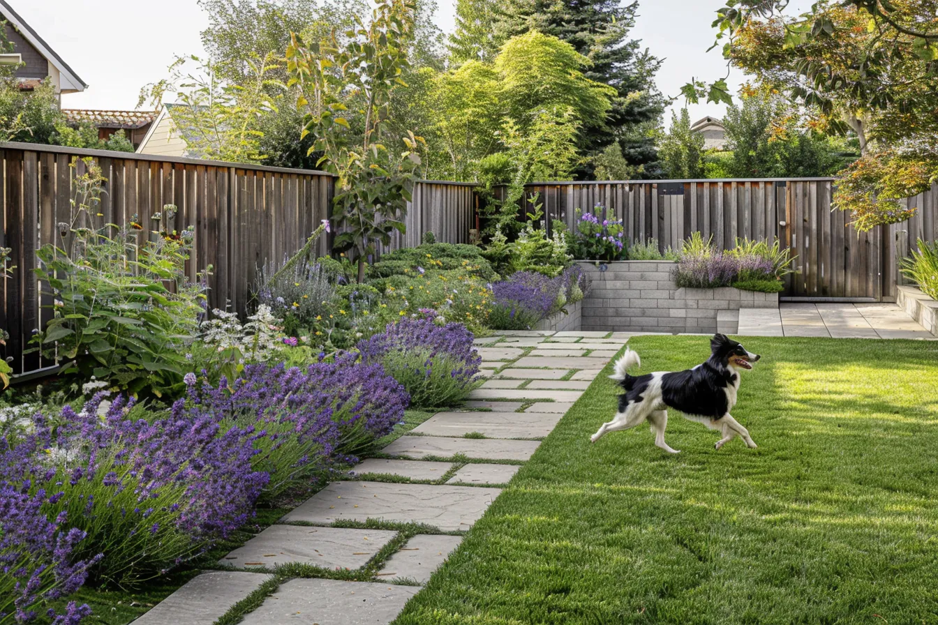 Pet-friendly home design backyard with dog-safe garden plants, stone patio, and modern wood fence