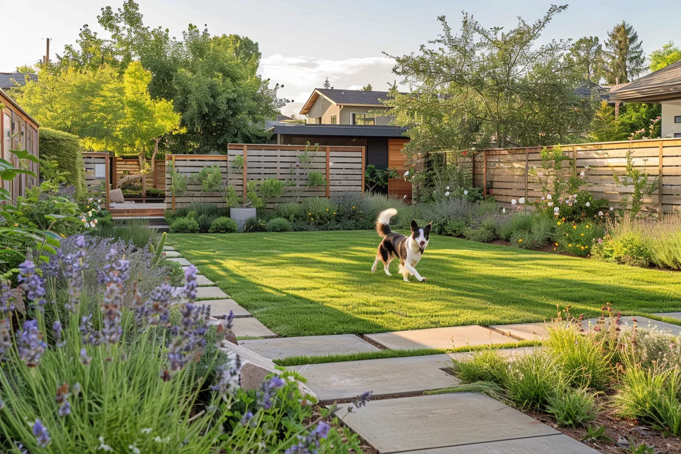 Animal-friendly outdoor home design featuring lavender beds, pea gravel path, and a running border collie