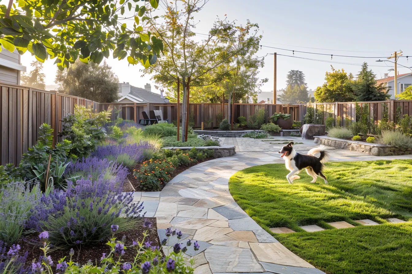 Dog-friendly garden design idea with flagstone patio, lush grass, and pet-safe flowering plants
