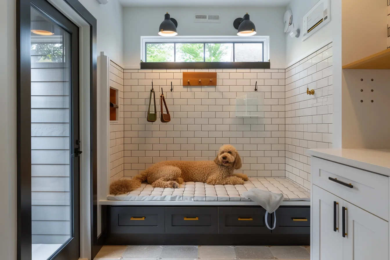Dog-friendly house design featuring a dedicated mudroom wash area with matte black fixtures and bench seating
