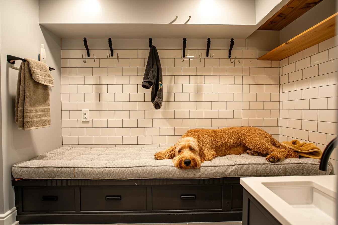 Pet-safe home renovation idea with mudroom dog bathing station and warm interior lighting