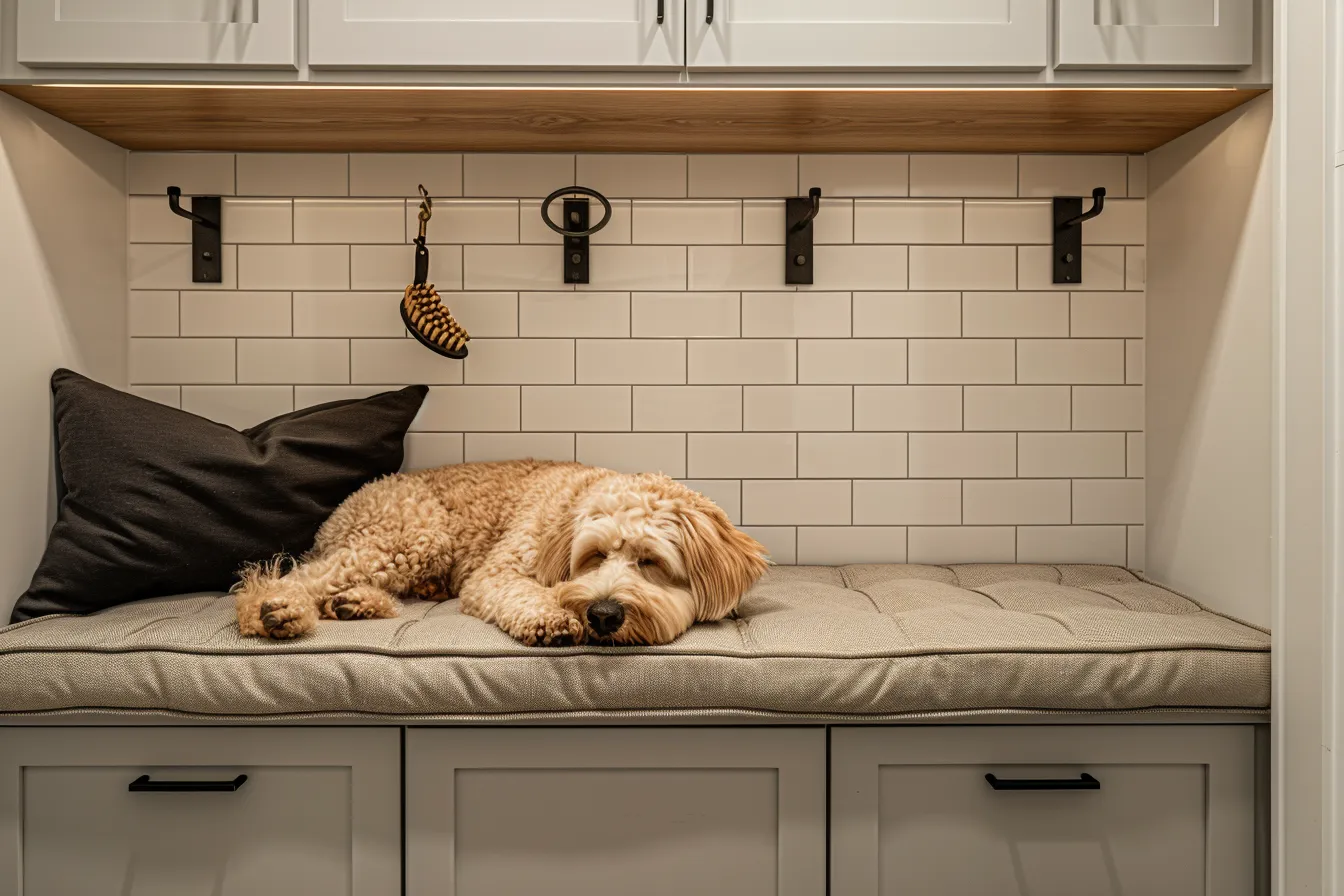 Animal-friendly interior design with a functional mudroom, built-in pet grooming station, and natural wood details