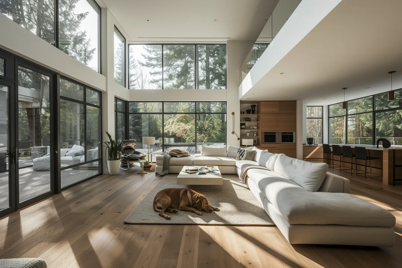 Dog-friendly interior design featuring open-plan living room with scratch-resistant flooring and natural light
