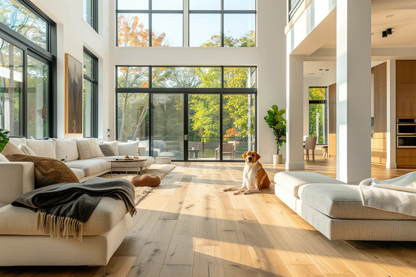 Animal-friendly home design idea with warm oak floors, sectional sofa, and a large dog resting comfortably