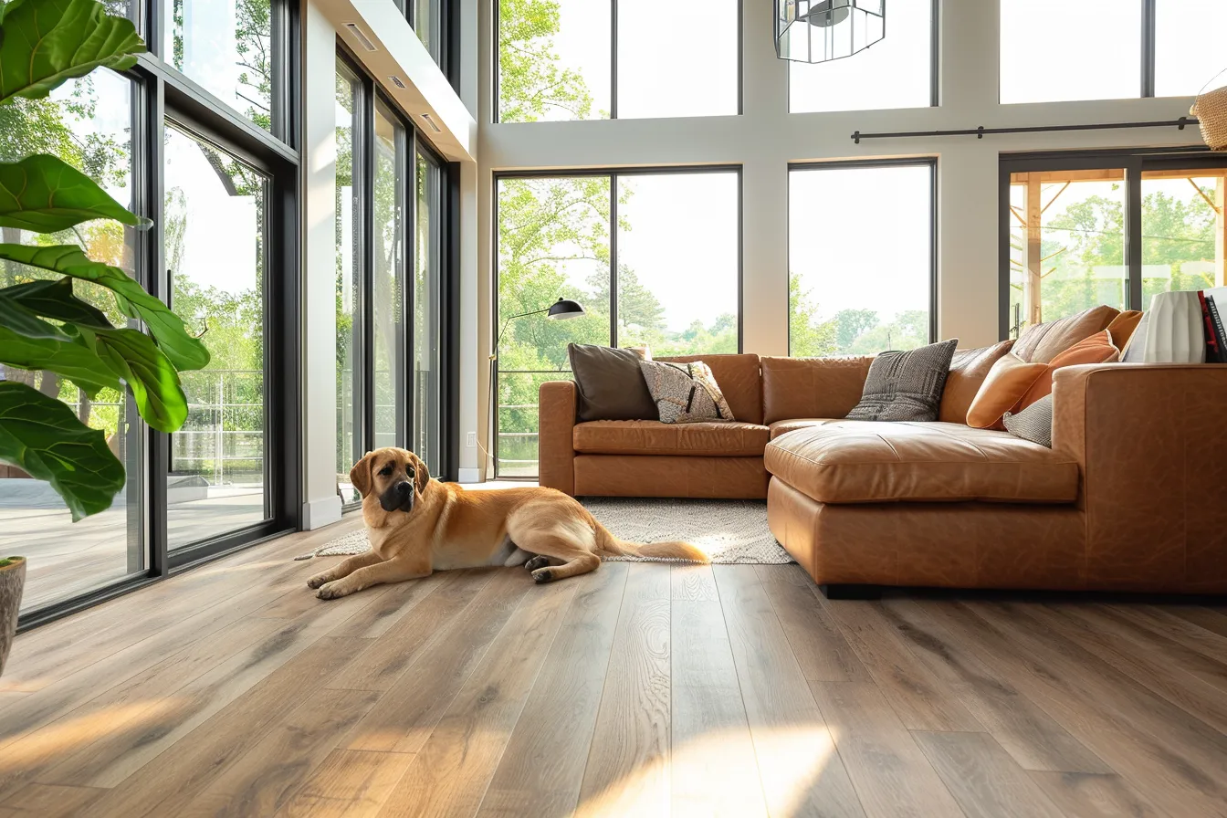 Pet-safe home interior with durable flooring, minimalist decor, and natural materials in a sunlit living room