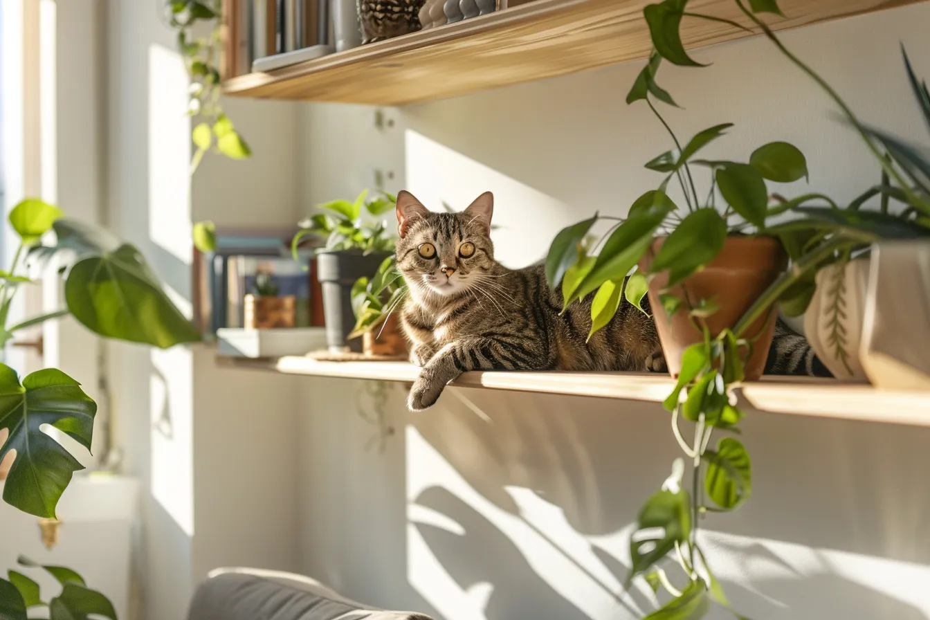 Pet-friendly home design in a small apartment with cat wall shelves, minimalist decor, and warm Scandinavian aesthetic