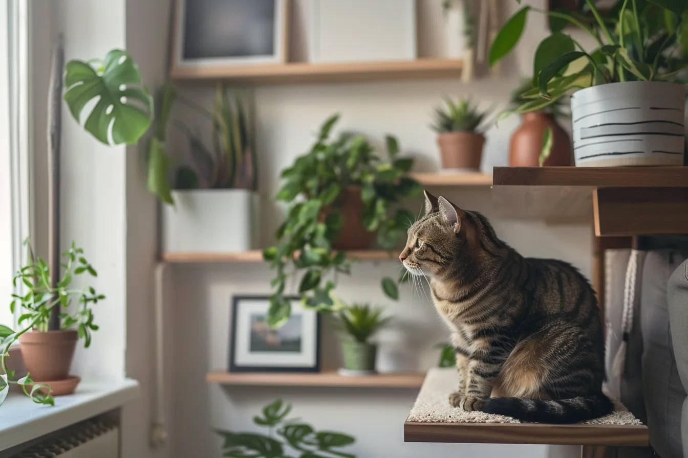 Compact cat-friendly interior design idea featuring floating wall shelves and a tabby cat in a minimalist apartment