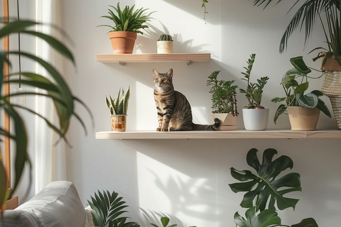 Animal-friendly home design for small spaces with vertical cat shelving system and clean white walls