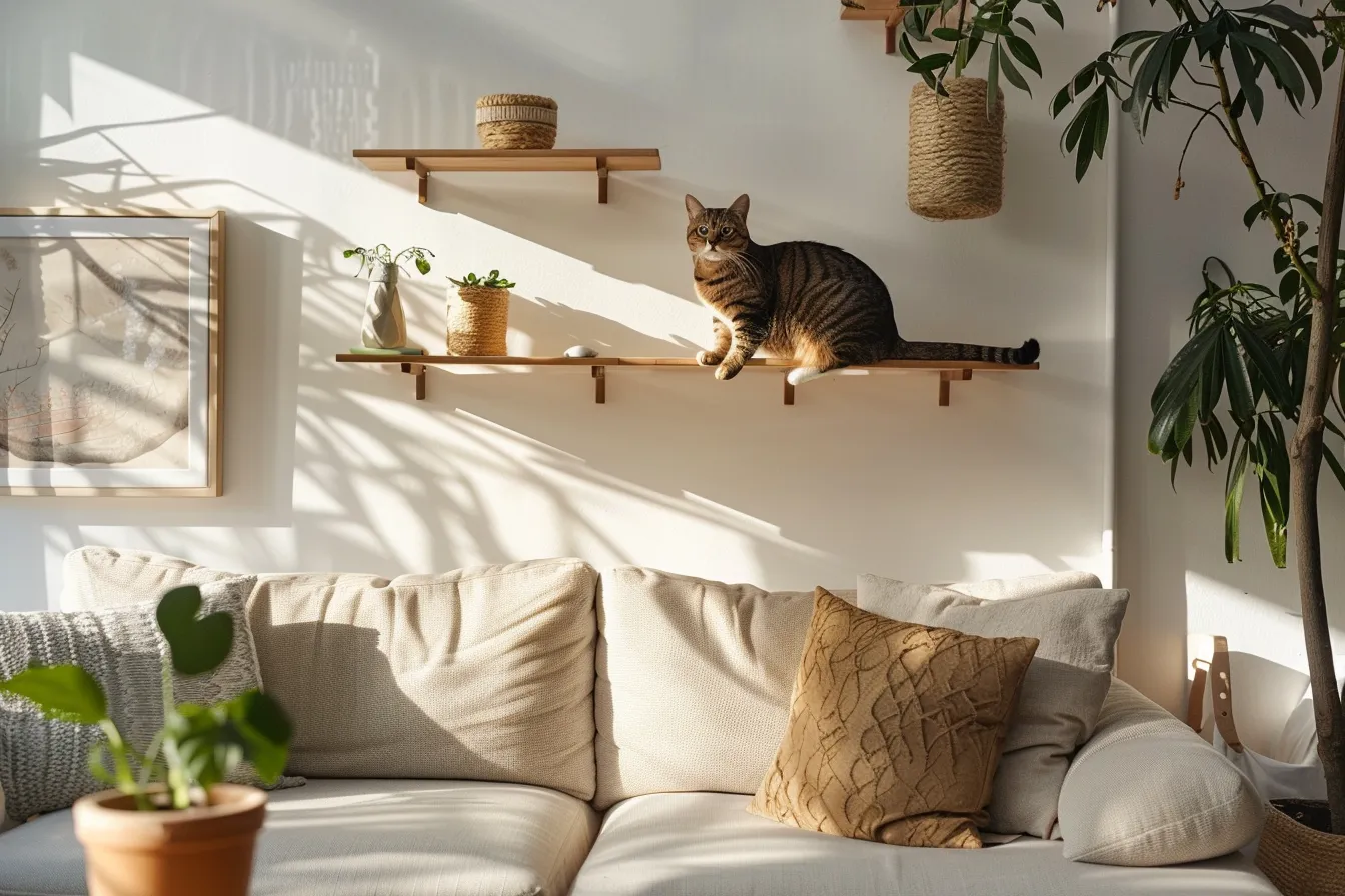 Pet safe small home design with built-in cat furniture, floating shelves, and Scandinavian-style living room