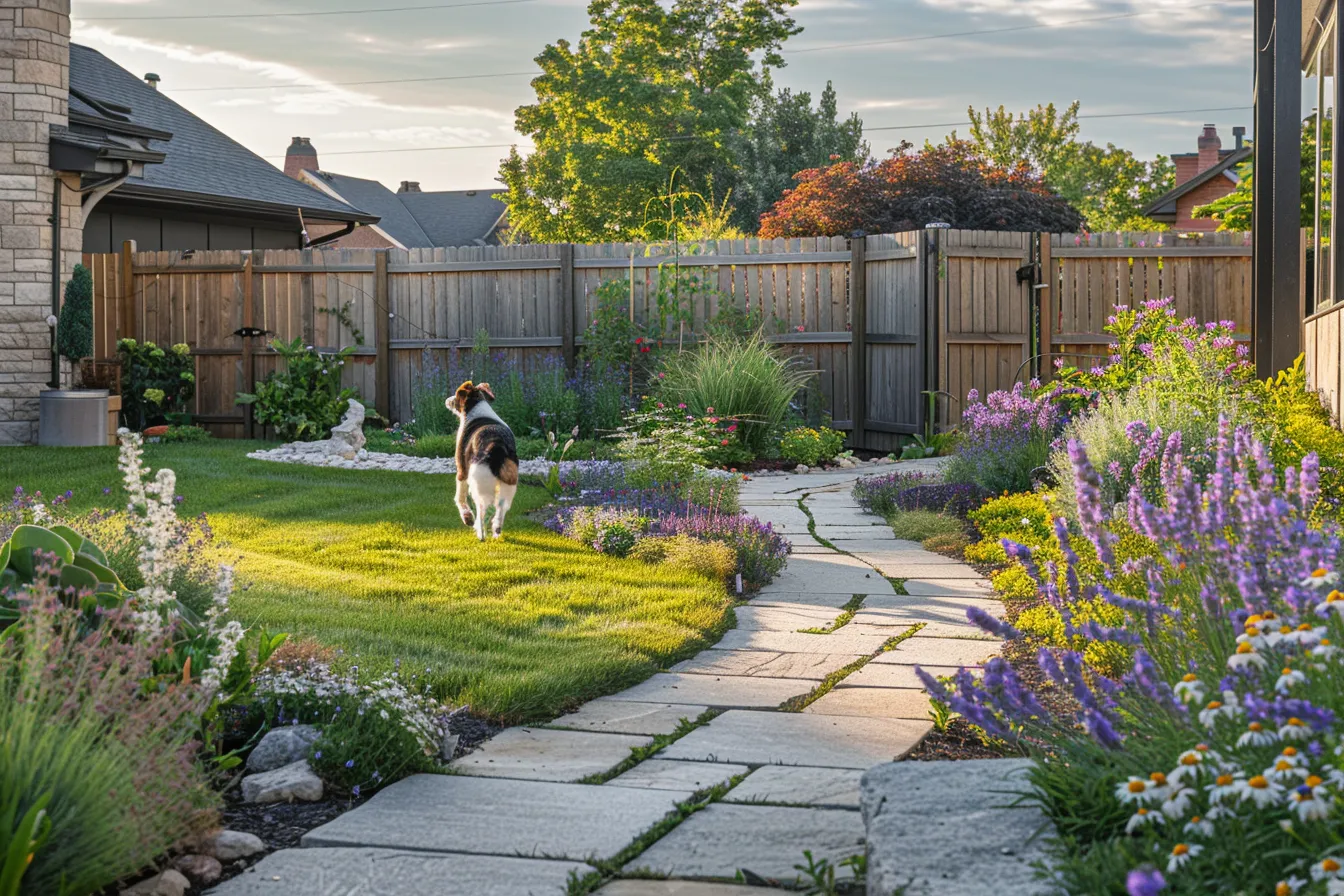 Pet safe home landscape design with fenced yard, natural ground cover, and a dog enjoying the outdoor space