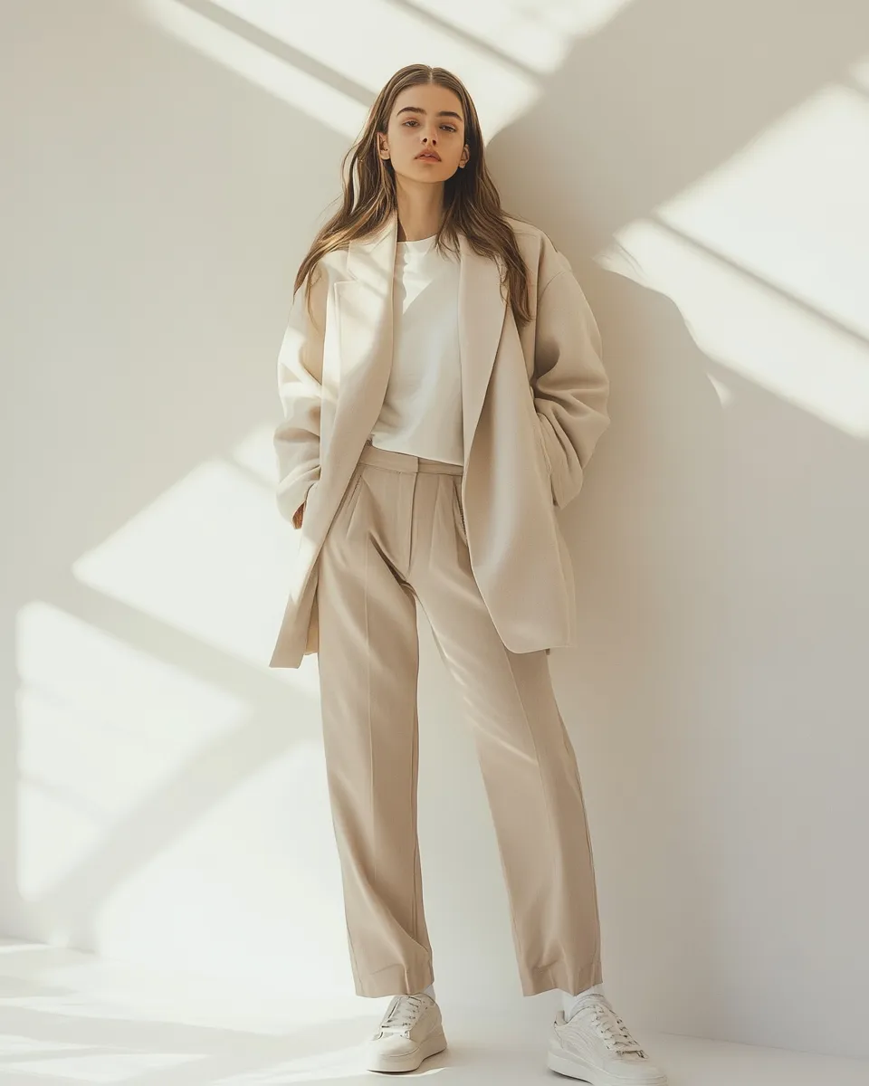 Petite fashion outfit — oversized blazer with slim trousers