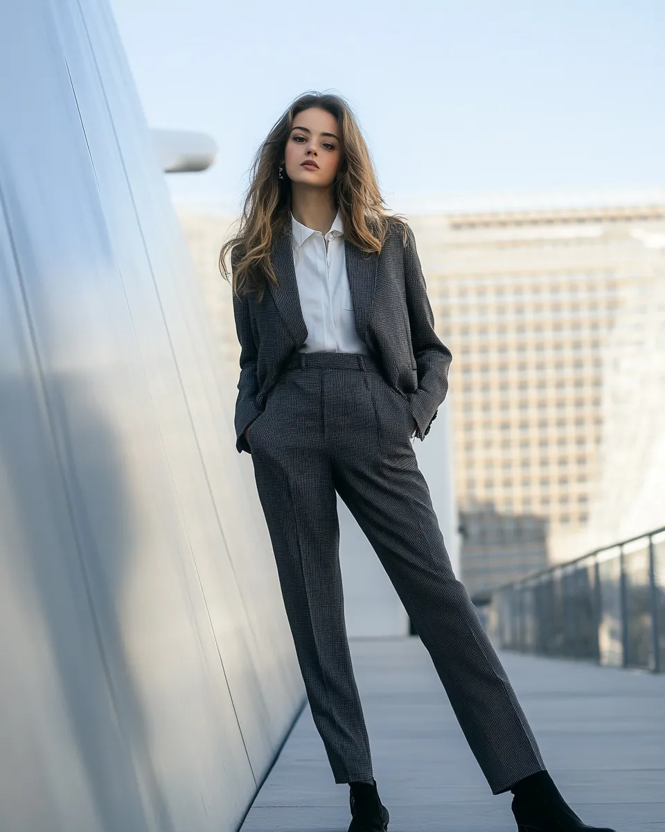 Petite woman in tailored monochrome outfit 2026
