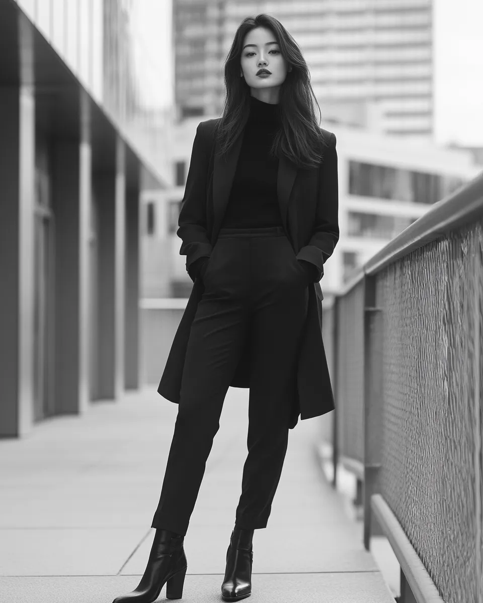 Petite fashion editorial — structured monochrome styling