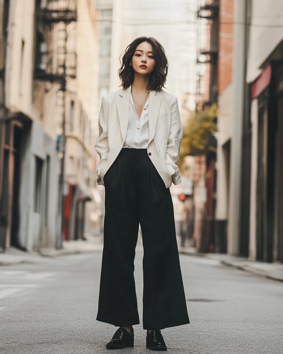 Petite style look — wide-leg trousers street fashion