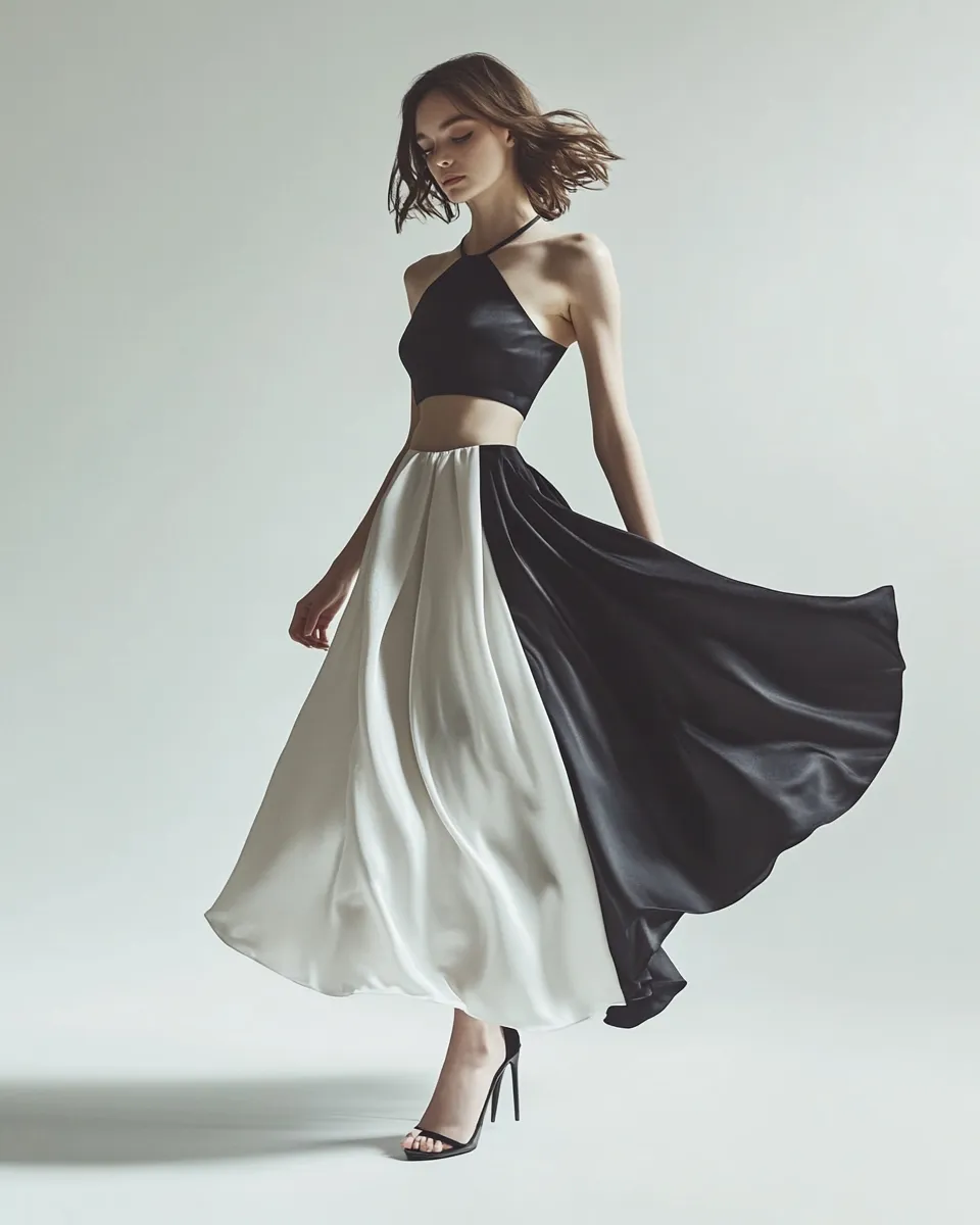 Petite fashion — fluid skirt with structured top