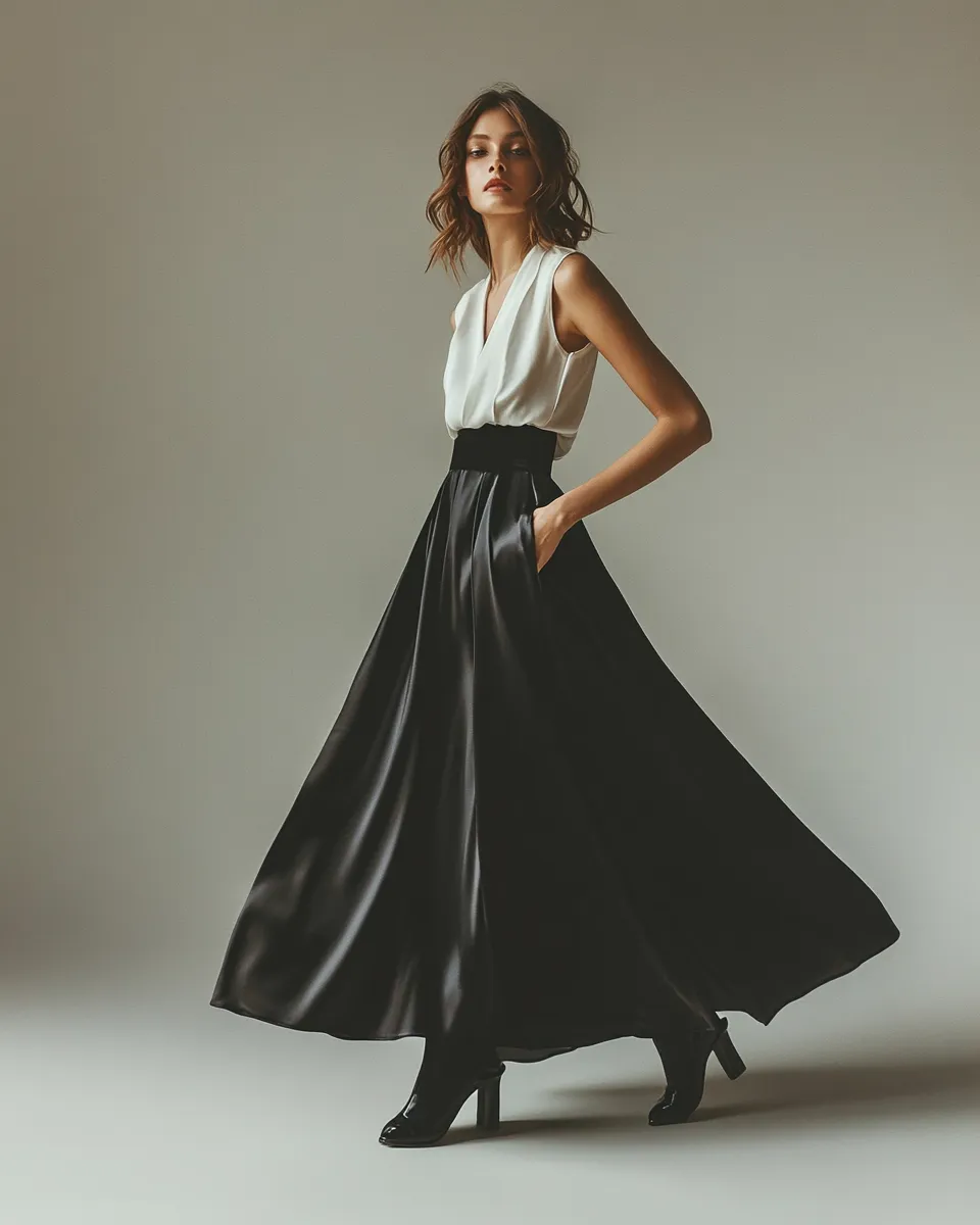 Petite style idea — satin skirt editorial look