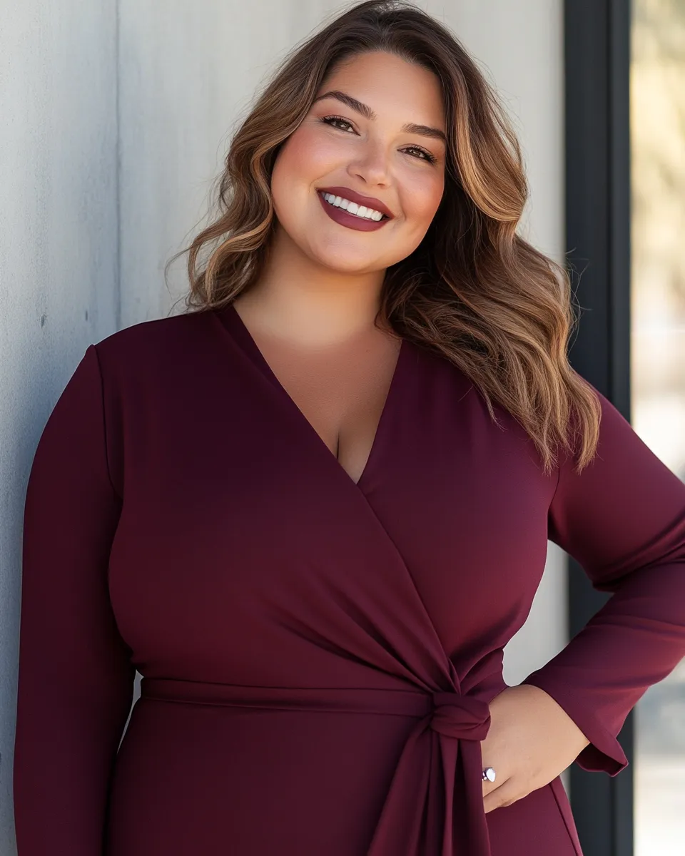 Plus size fashion editorial — wrap dress look 2026