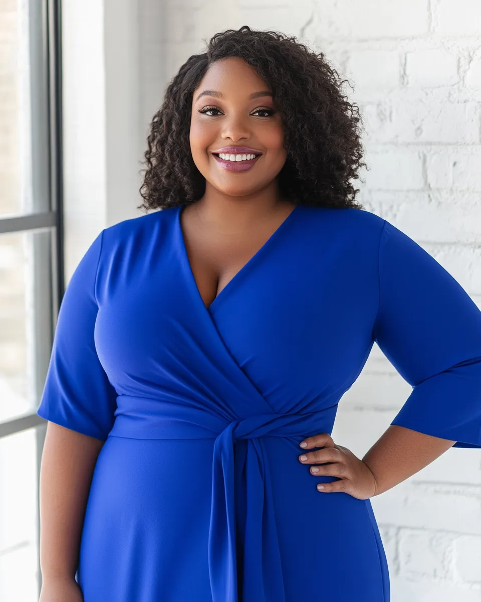 Plus size outfit idea — cobalt wrap midi dress 2026