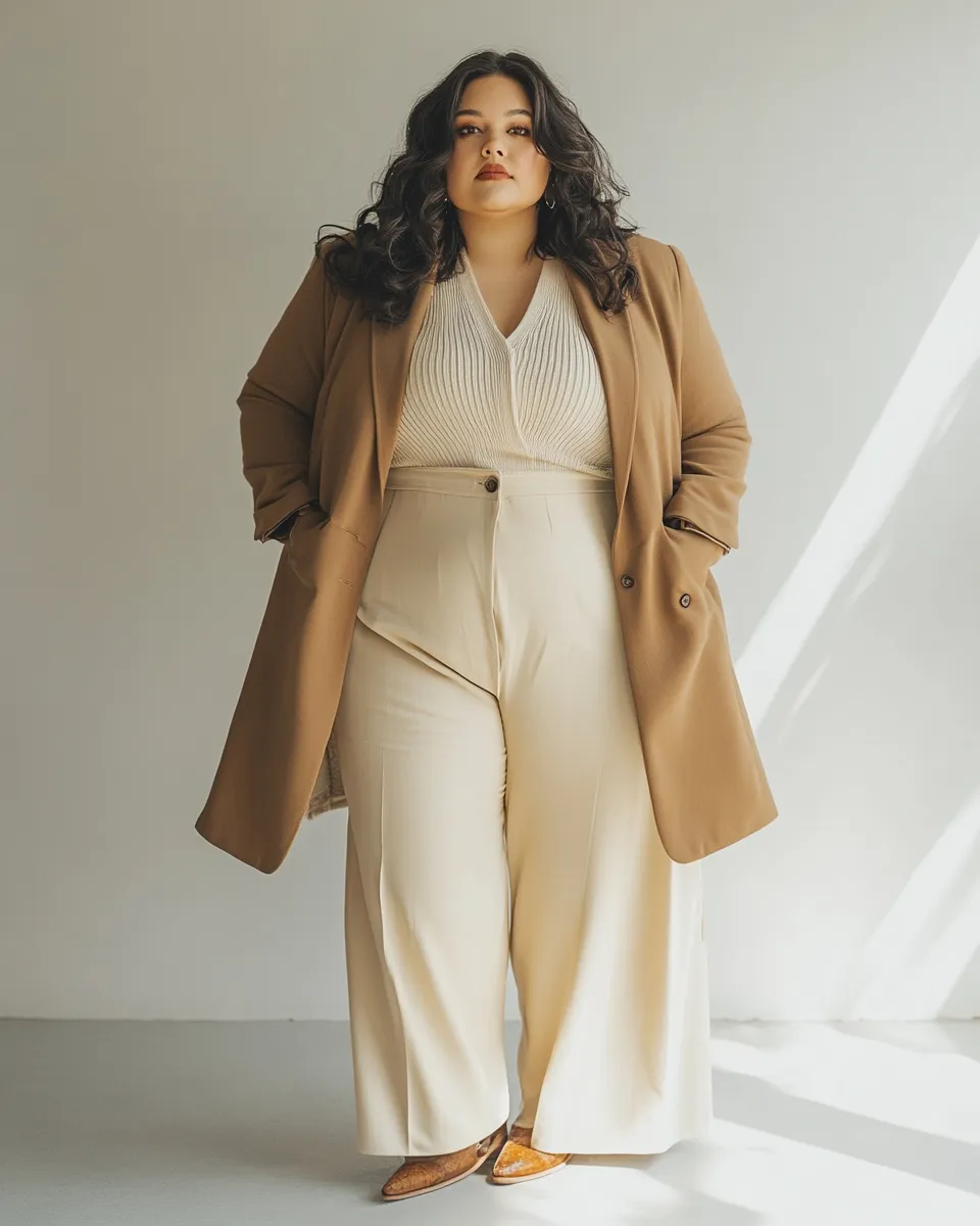 Plus size tonal neutral outfit 2026 — cream and camel