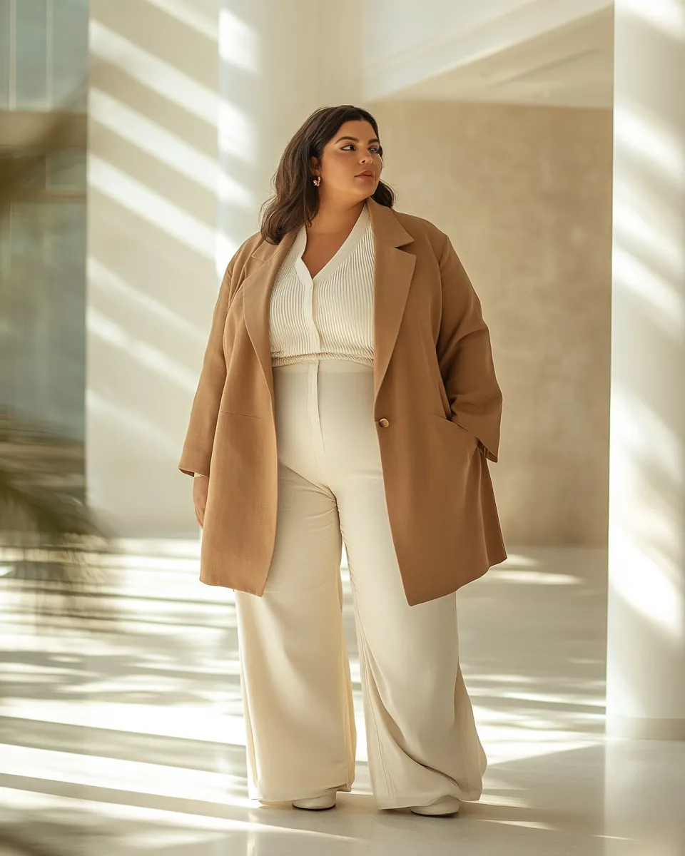 Plus size fashion — neutral layered outfit editorial