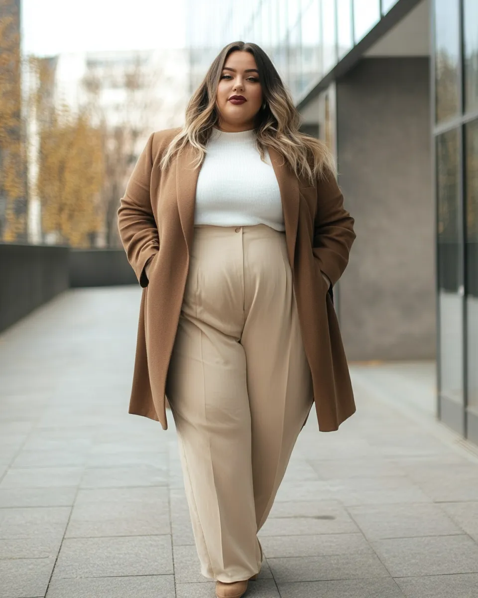 Plus size style idea 2026 — tonal beige and camel look