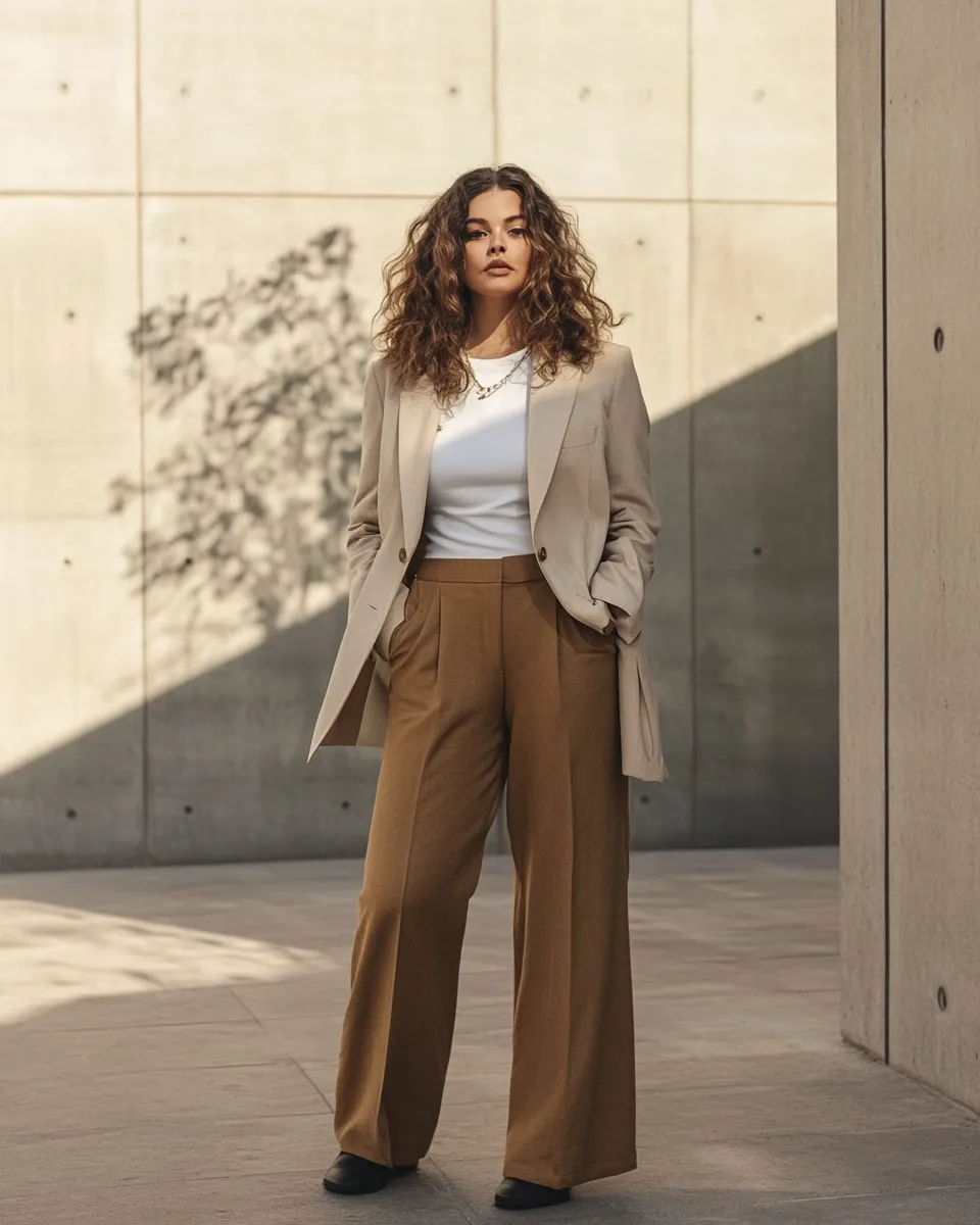 Plus size style idea 2026 — tonal beige and camel look