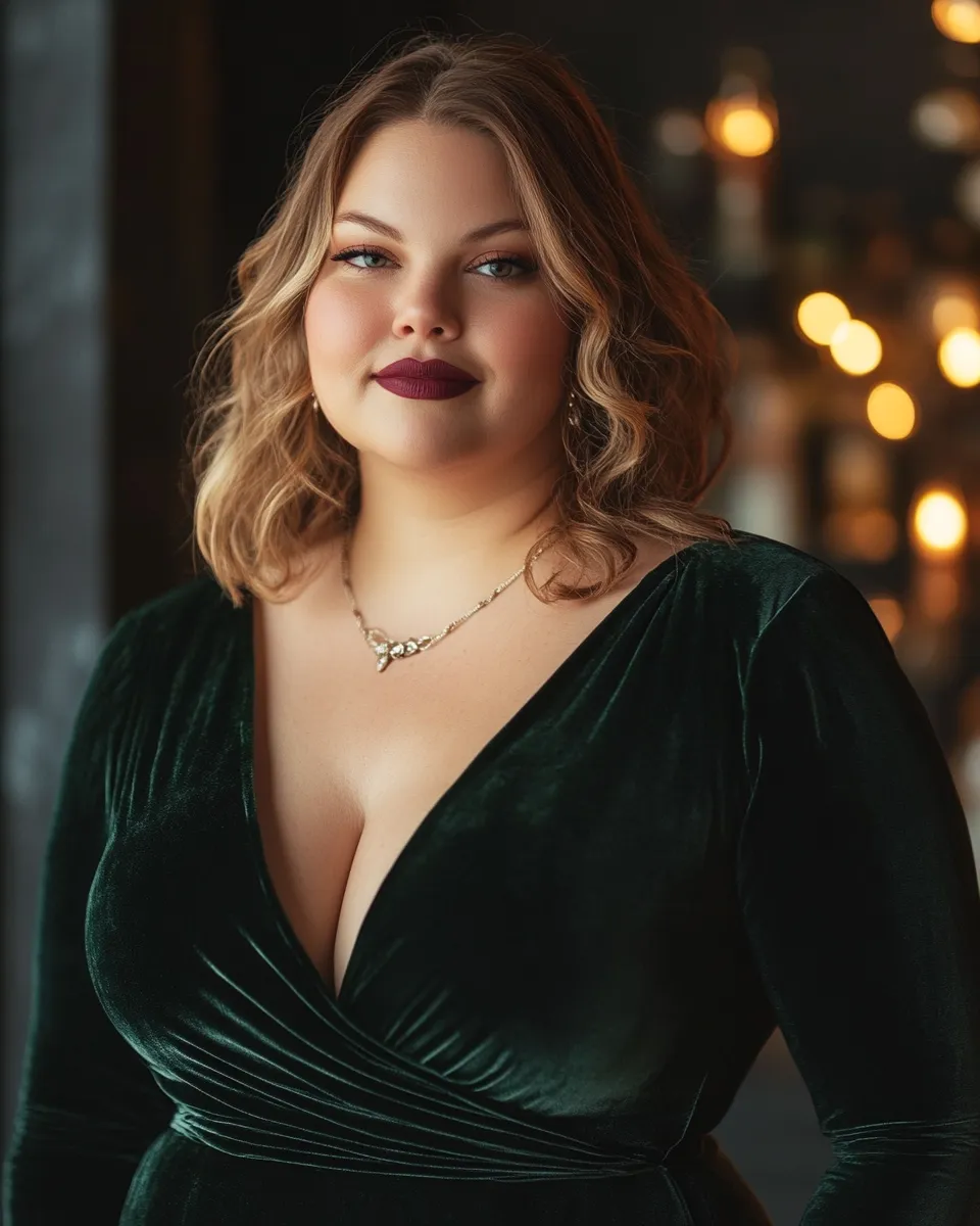 Plus size style editorial — velvet wrap dress occasion look