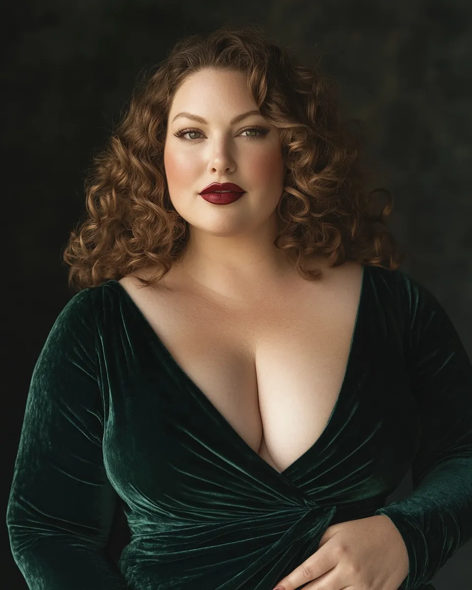 Plus size evening outfit 2026 — velvet wrap midi dress