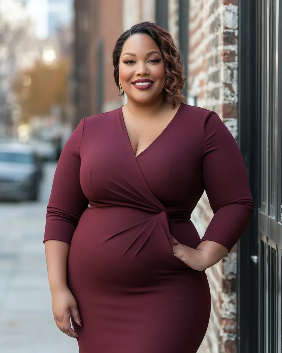 Best plus size outfit 2026 — deep burgundy wrap silhouette