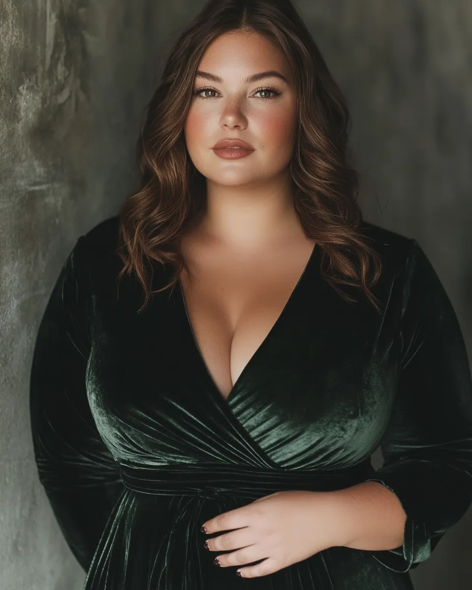 Plus size fashion — green velvet dress editorial evening look