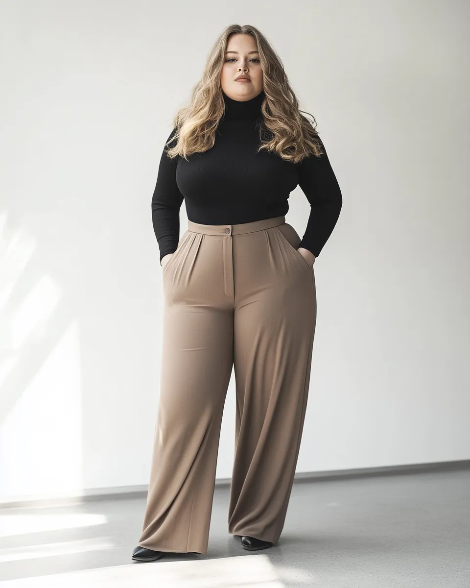 Plus size outfit idea — wide-leg trousers with fitted turtleneck