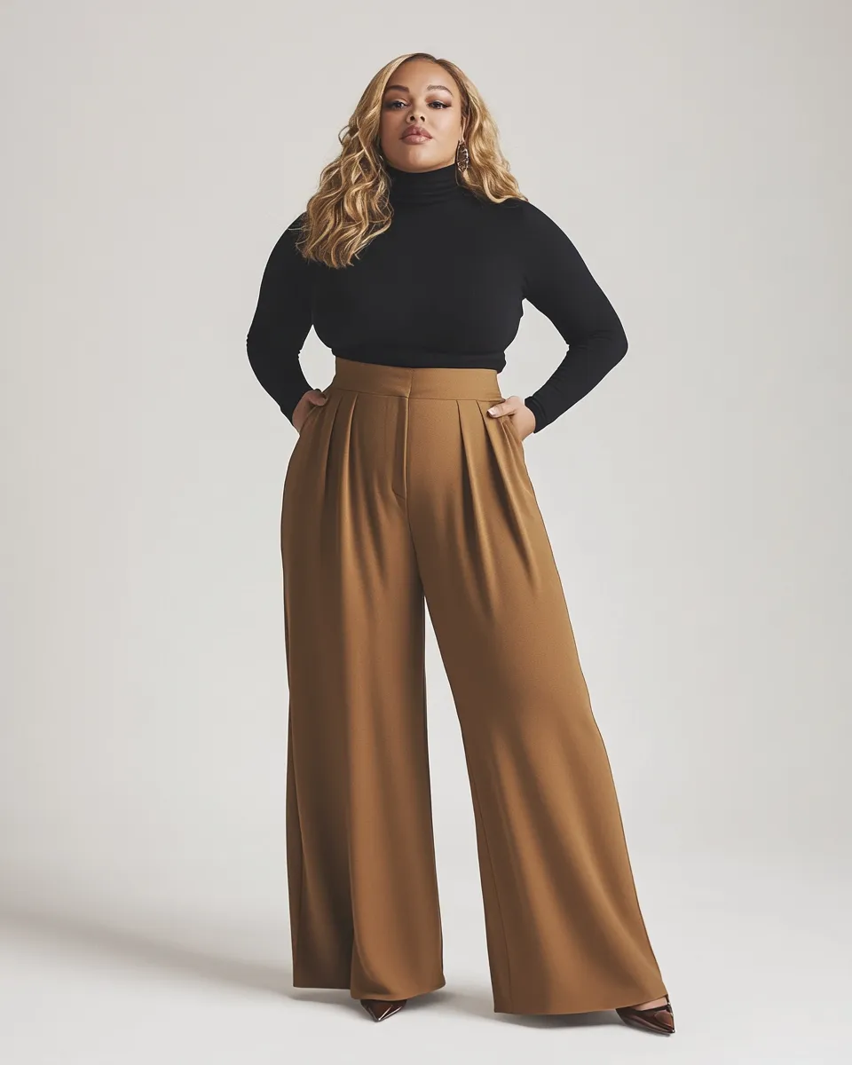Plus size fashion 2026 — camel wide-leg pants editorial